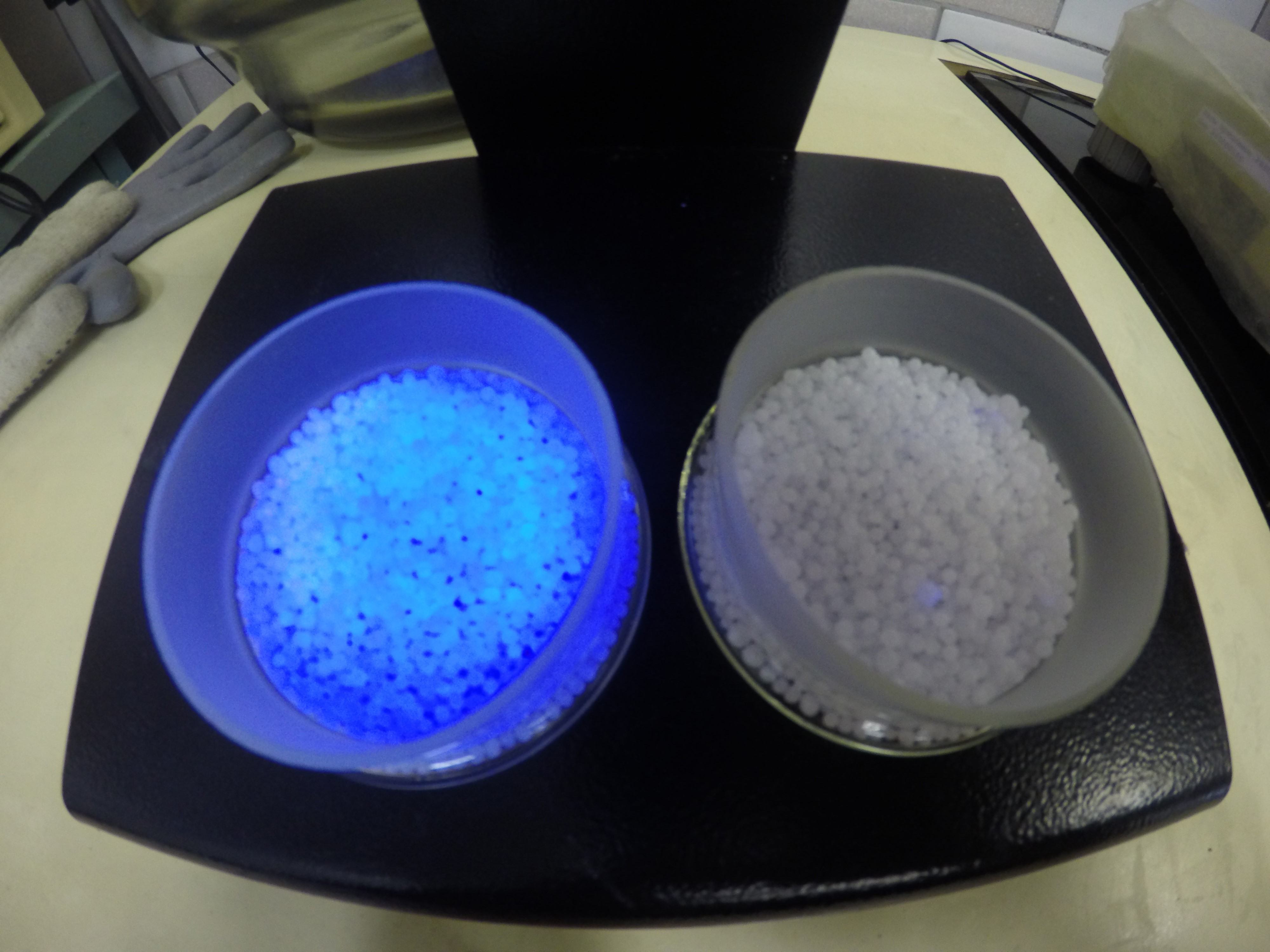Под ультрафиолетовым светом обработанный приллированный карбамид светится синим (слева), а необработанный – не светится (справа).